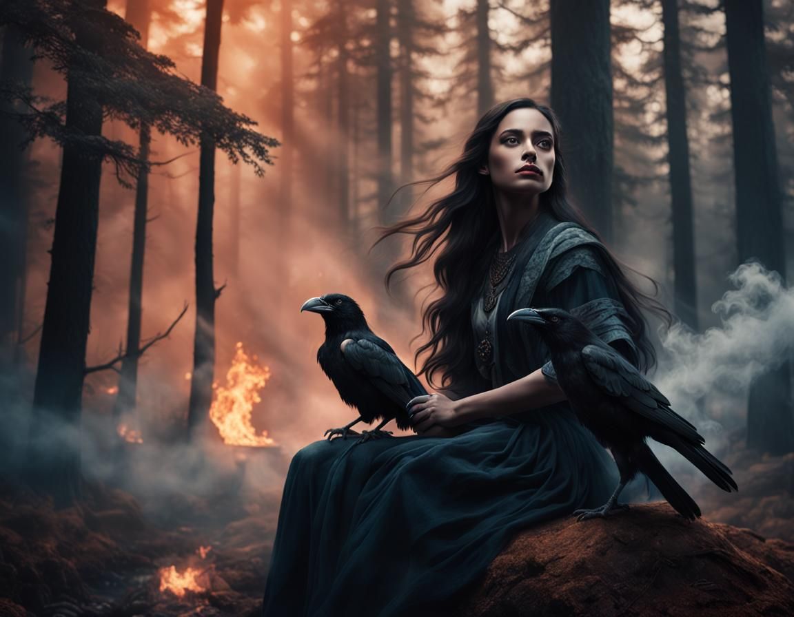 Brunette with Raven in Smoky Forest: Hyperrealistic Splash A...