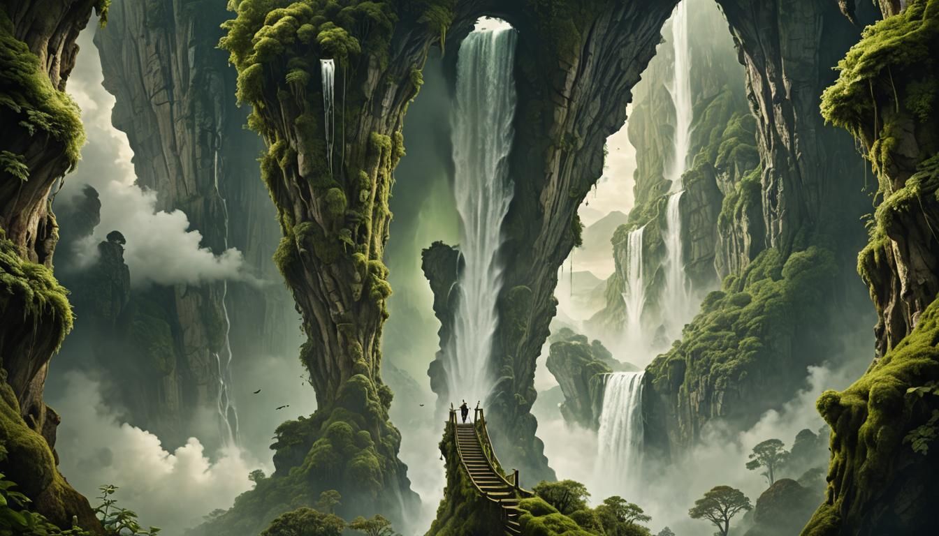 A magical portal leading out to a lush green, happy, enchant...