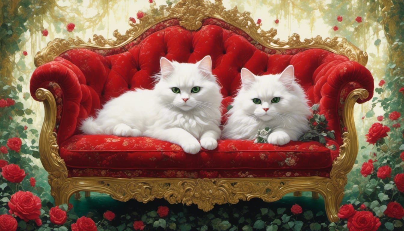 <lora:eye:1.0> <lora:dreamy:1.0> fluffy roses(baby round,chubby cat) in a red baroque sofa ,forest,lady white hair