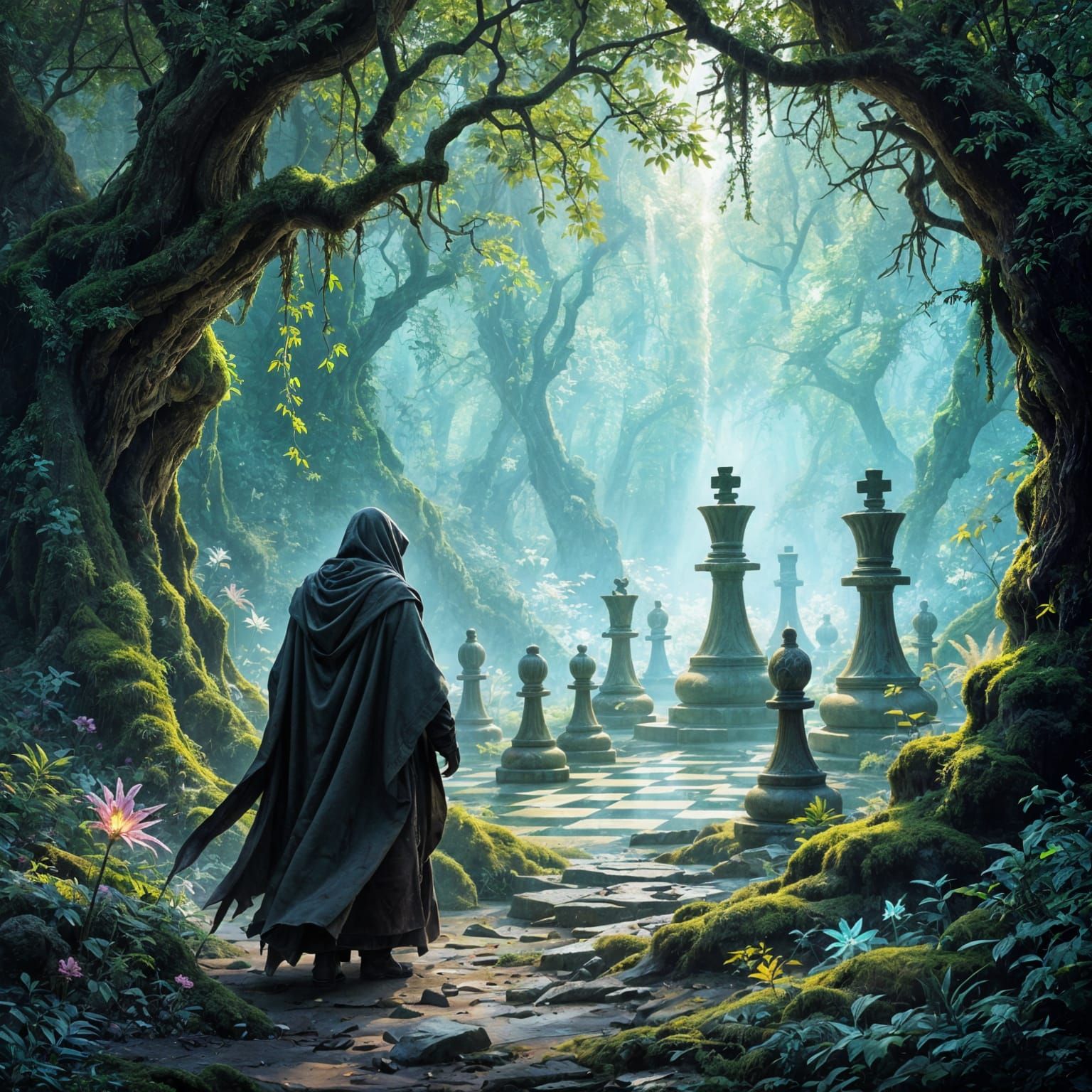 Hidden Grove Chess Pieces in Ethereal Mist