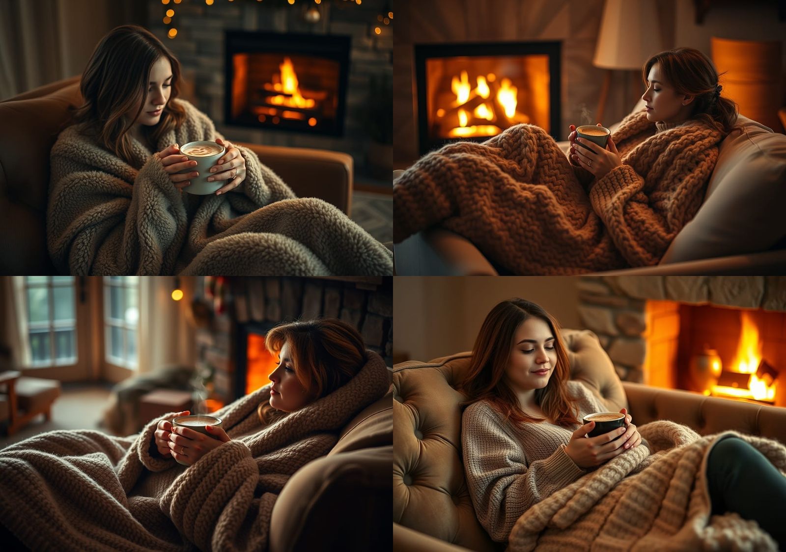 Cozy Woman Relaxing with Hot Chocolate by Fireplace