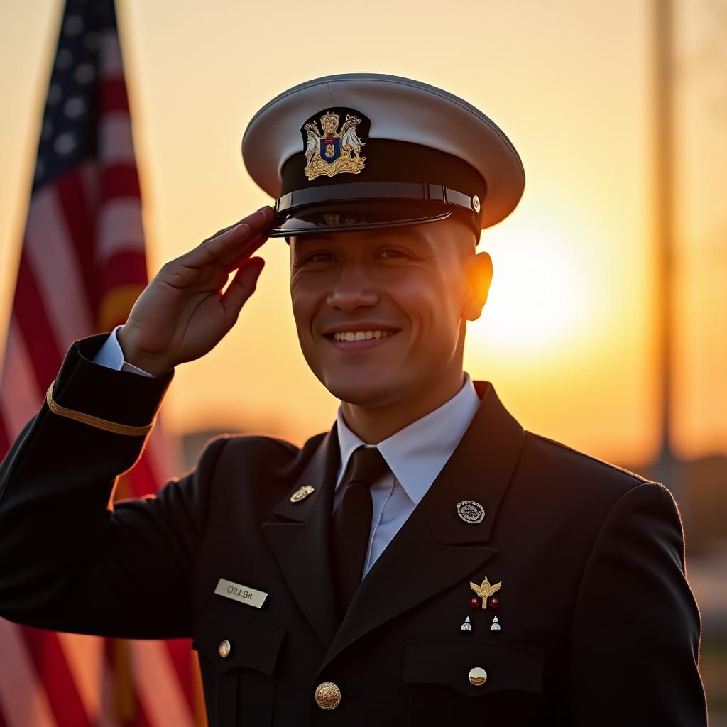 Patriotic Soldier Saluting a Waving Flag at Sunset