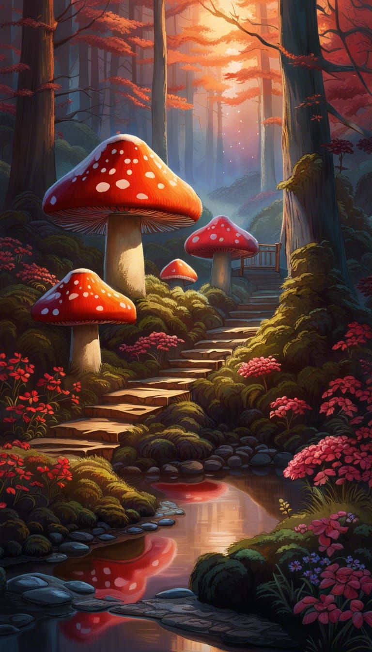 Glowing Mushroom House in Watercolor Forest