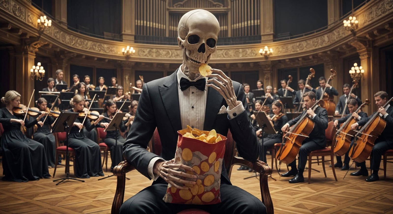 Skeleton Tuxedo Plays Music Eating Chips in Grand Hall