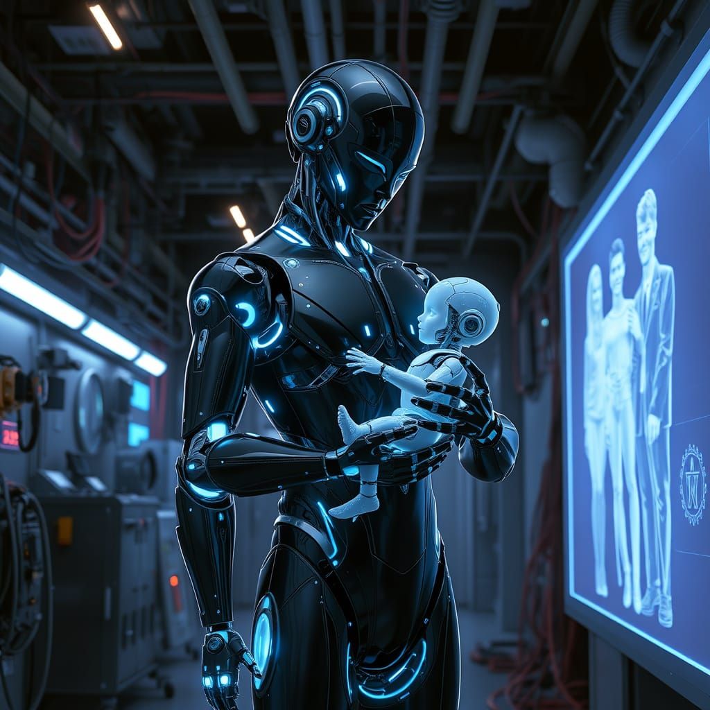 Android Father Building Family in Futuristic Lab
