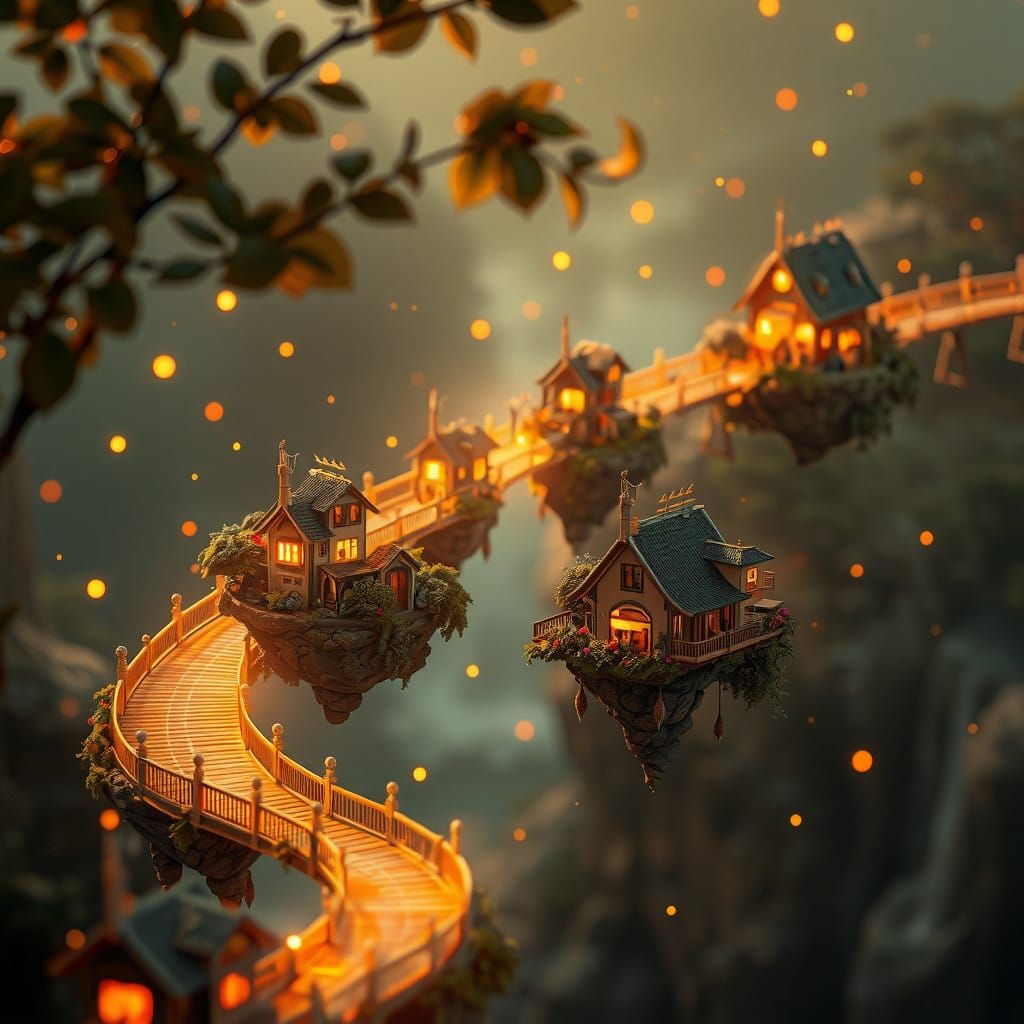 Dreamlike Village in Mid-Air, Suspended in a Soft Breeze
