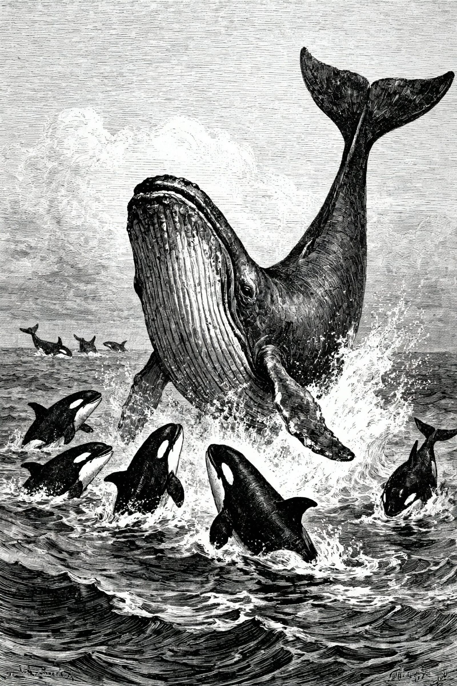 Whale Defends Pod from Killer Whales in Etching Style