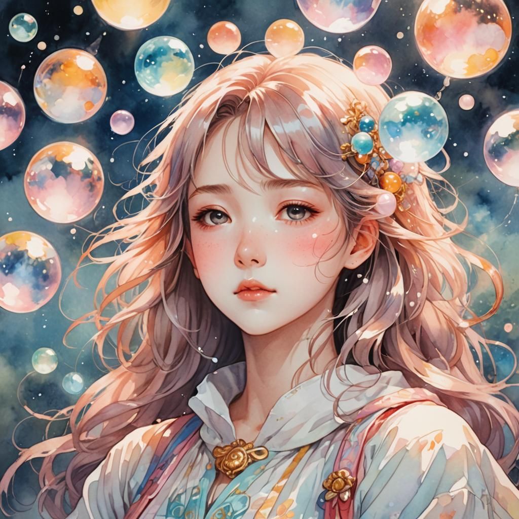Dreamy Anime Girl Portrait with Glowing Orbs