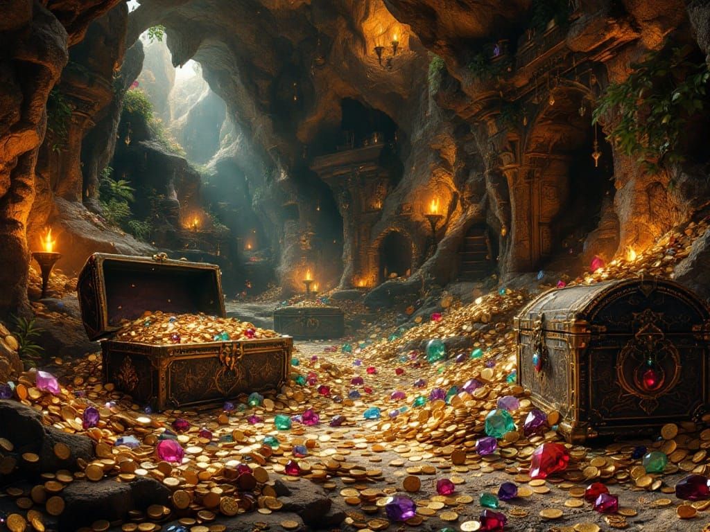 Ancient Cave of Miraculous Treasure in Persian Miniature Sty...