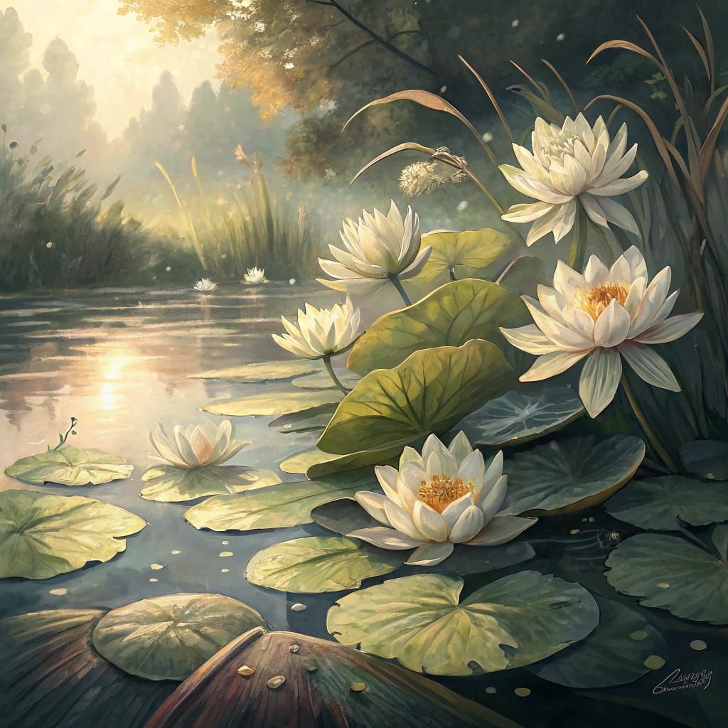 Serene Water Lilies in Impressionist Style