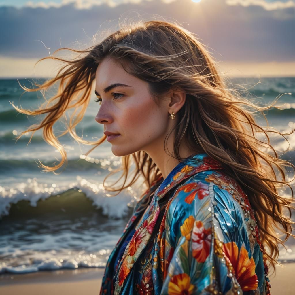 Woman at Beach in Vibrant Oil Painting Style