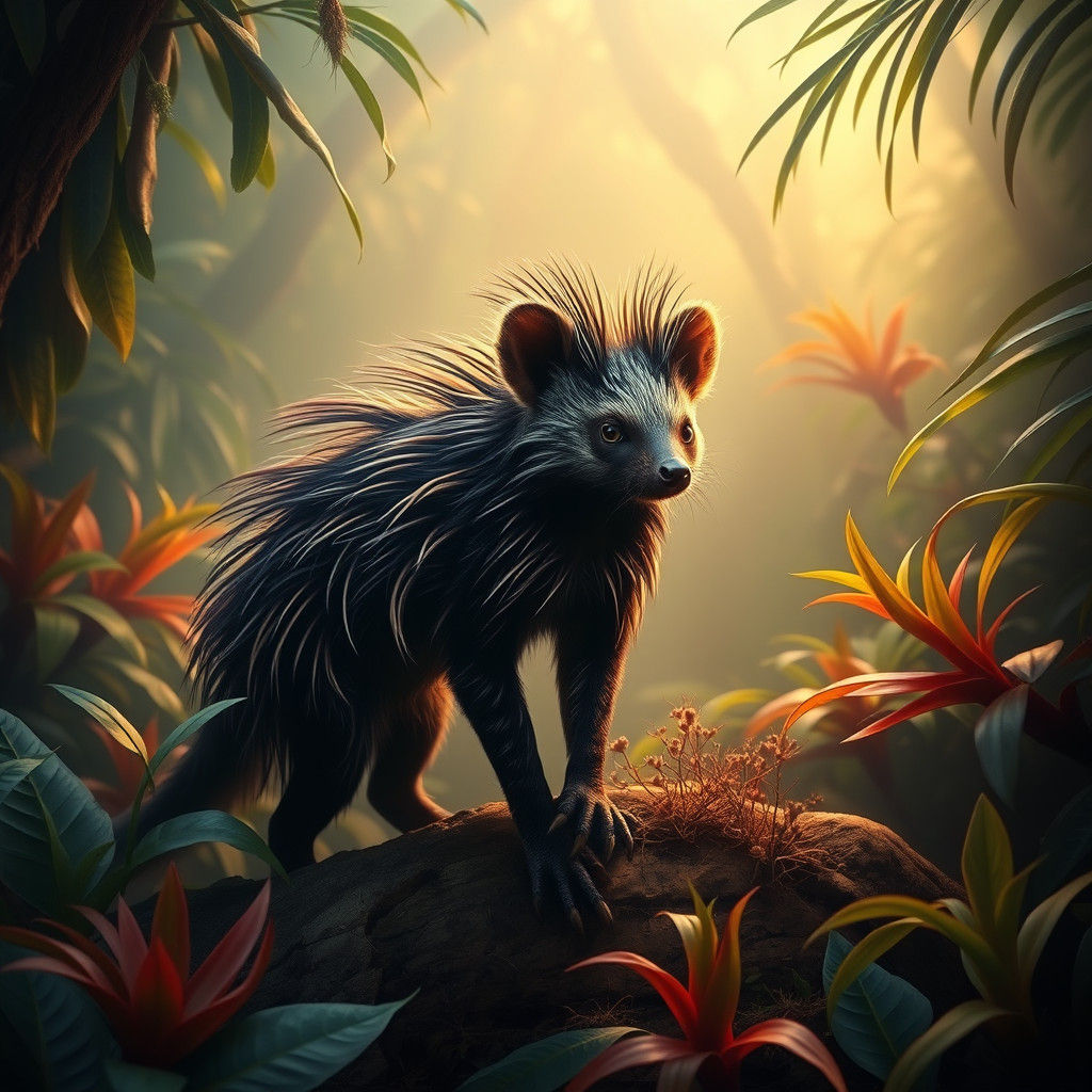 Hyperrealistic Lowland Tenrec in Lush Forest
