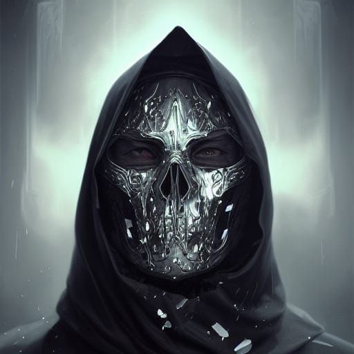 Dark Hooded Figure with Silver Skull Mask