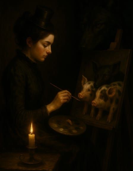 Victorian Woman Paints Piglets in Tenebrism