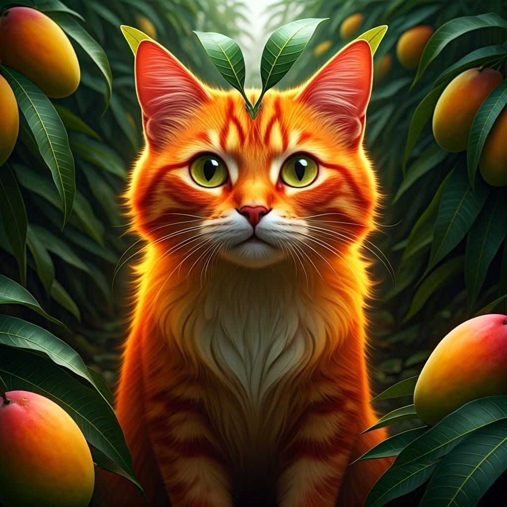 Whimsical Mango Cat in Fantasy Art Style