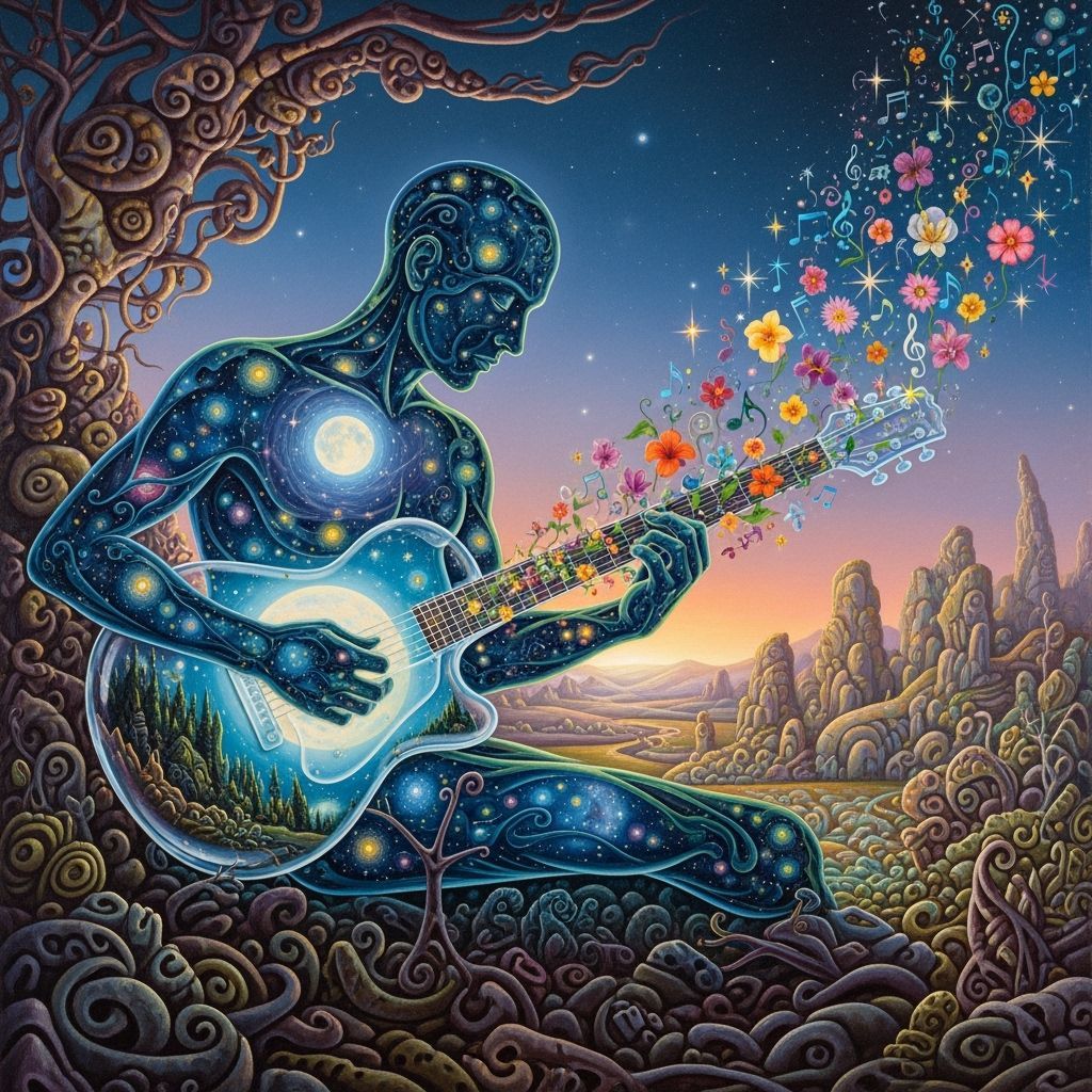 Cosmic Guitarist in a Surreal Oil Painting