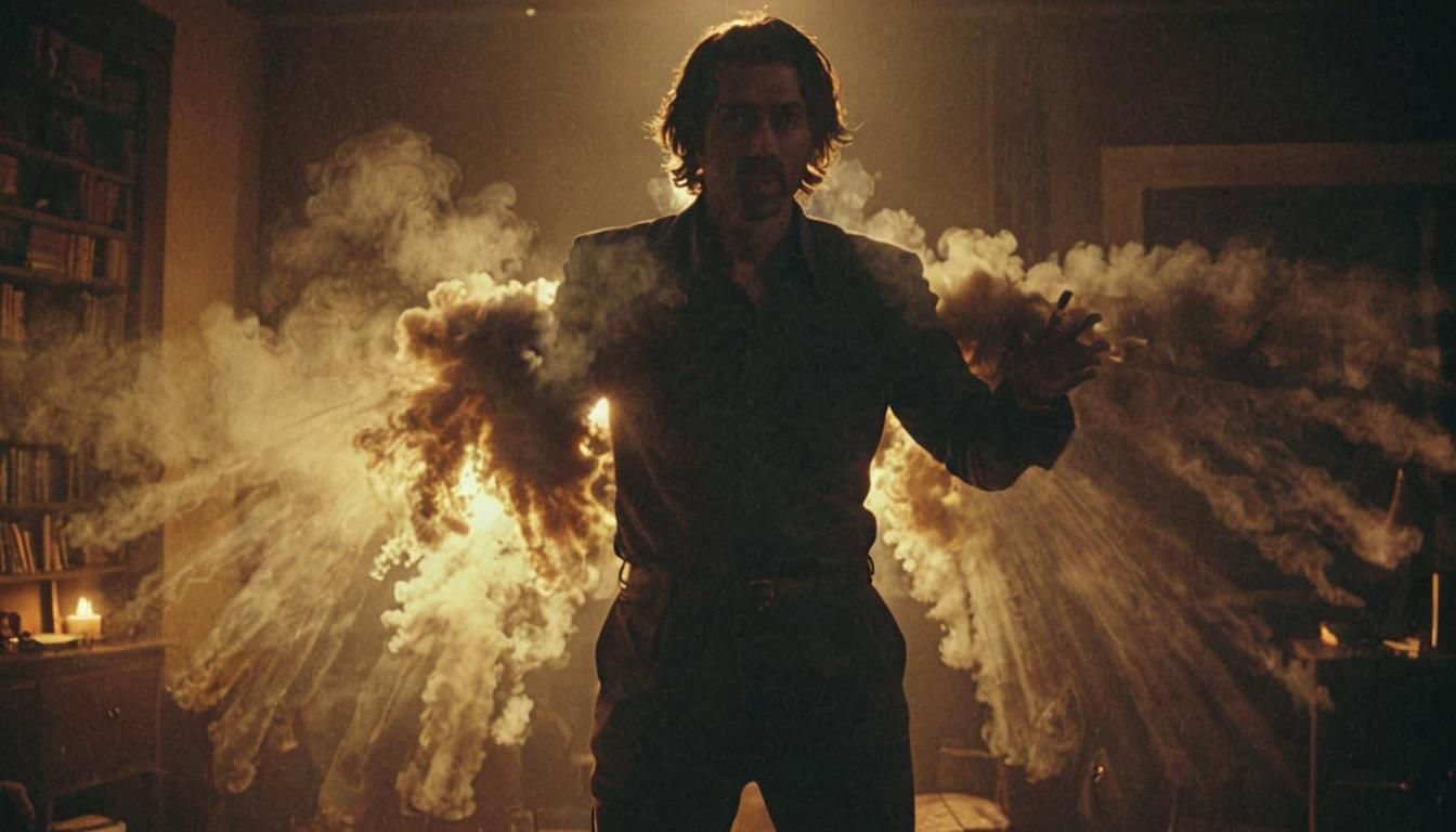 Dramatic Man in Spotlight: Cinematic Film Still