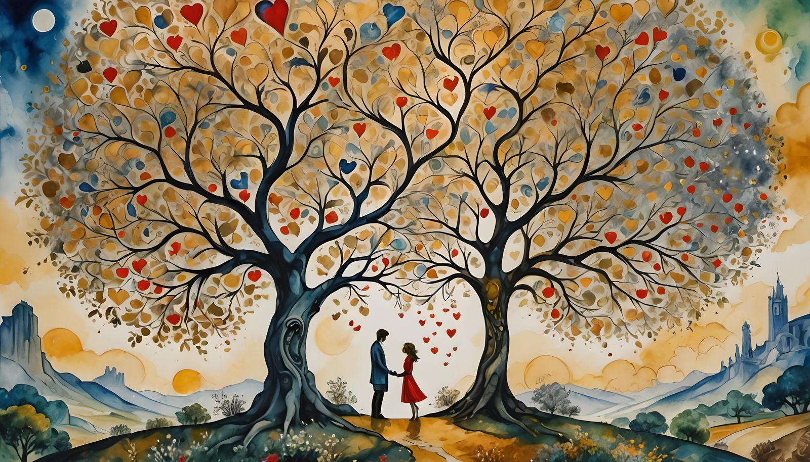 Couple Proposing Under Heart Tree in Chagall Style