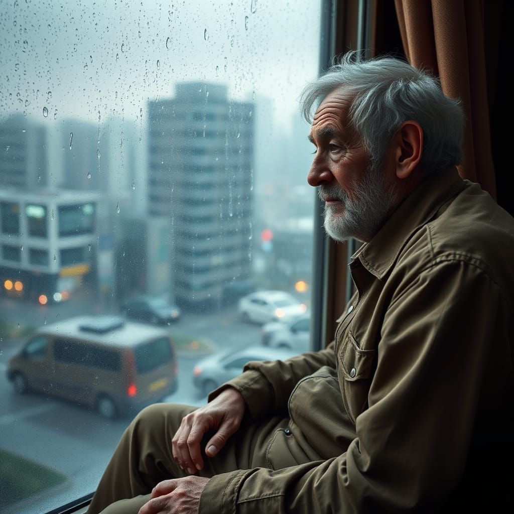 Rainy Cityscape: Hyperrealistic Old Man by Window