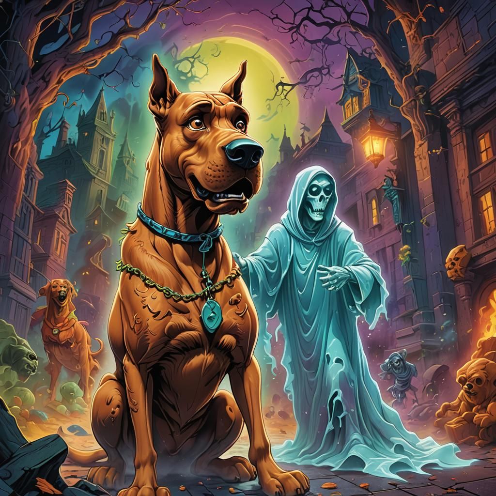 Scooby Doo's Ghostly Encounter in Hyperrealistic Splash Art