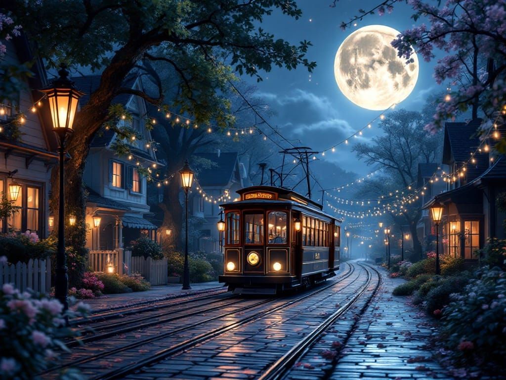 Moonlit Streetcar Glides Through Quaint Suburban Neighborhoo...