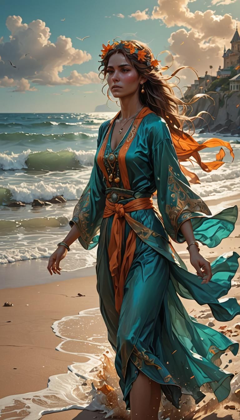 Hyperdetailed Woman on Beach in Art Nouveau Style