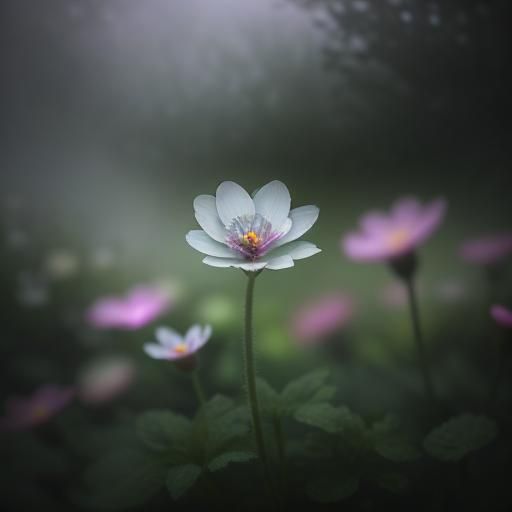 Ethereal Garden: Vibrant Flowers in Misty Light