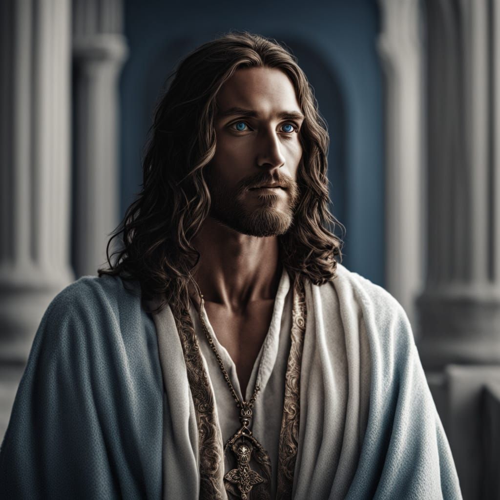 Hyperrealistic Portrait of Jesus Christ with Blue Eyes