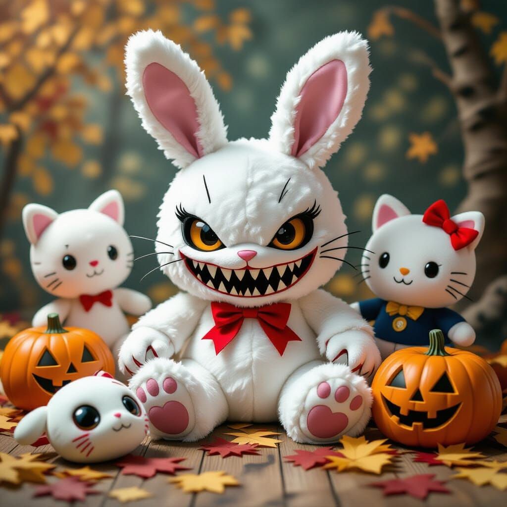 Menacing Bunny with Fangs Amidst Autumn Leaves