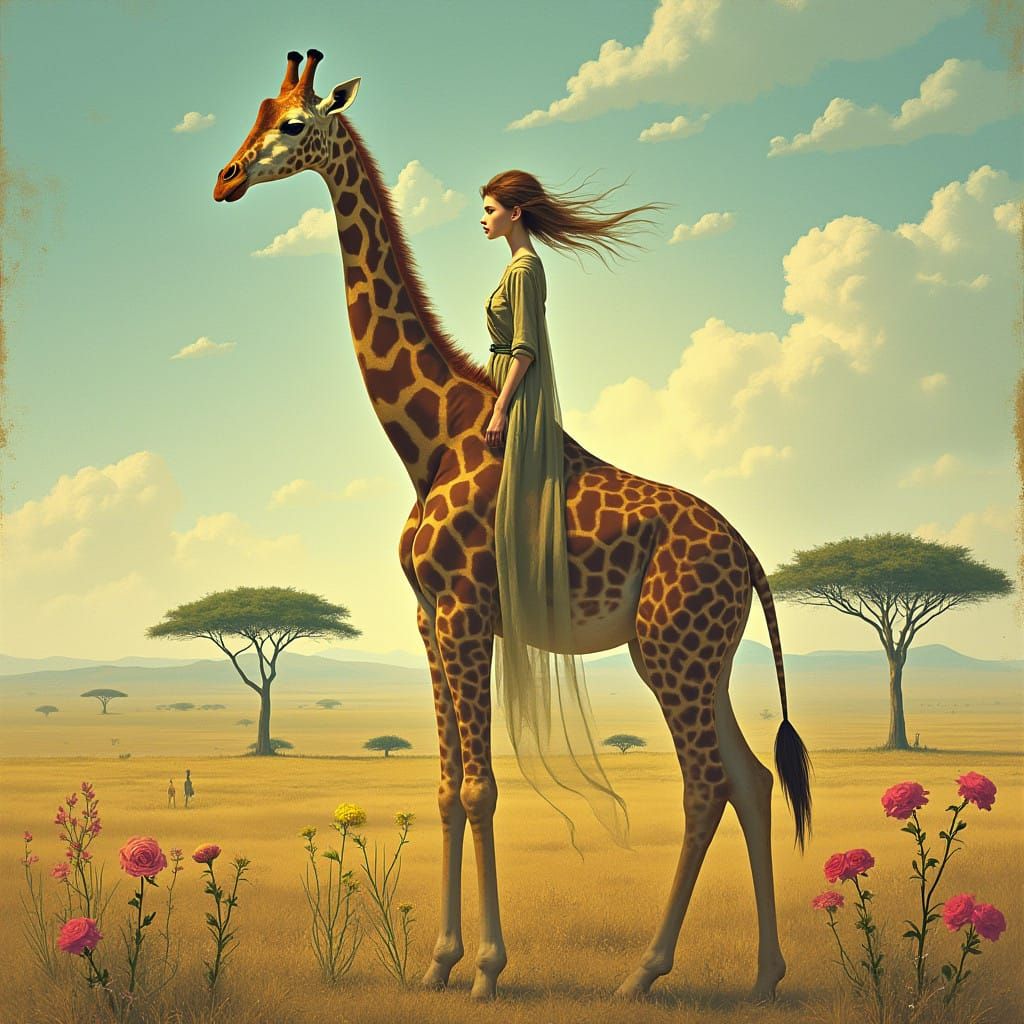 Ethereal Savannah Goddess with Elongated Neck and Legs in Wh...