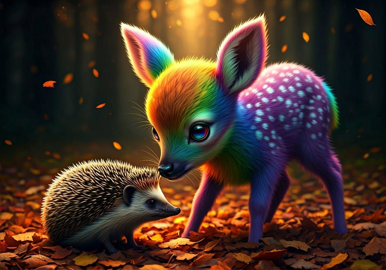 Rainbow Deer and Hedgehog: Hyper-Realistic Digital Art