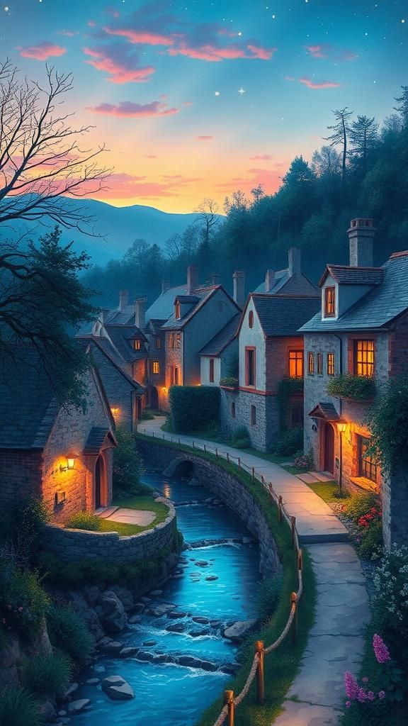Twilight Fantasy Village in Impressionist Oil Painting Style