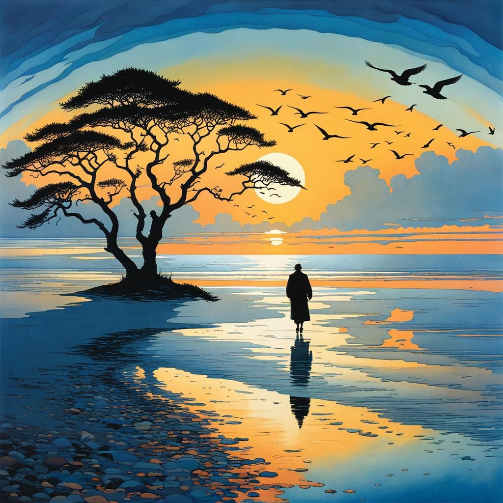 Romantic Sunset on the Wadden Sea Beach with Flying Birds