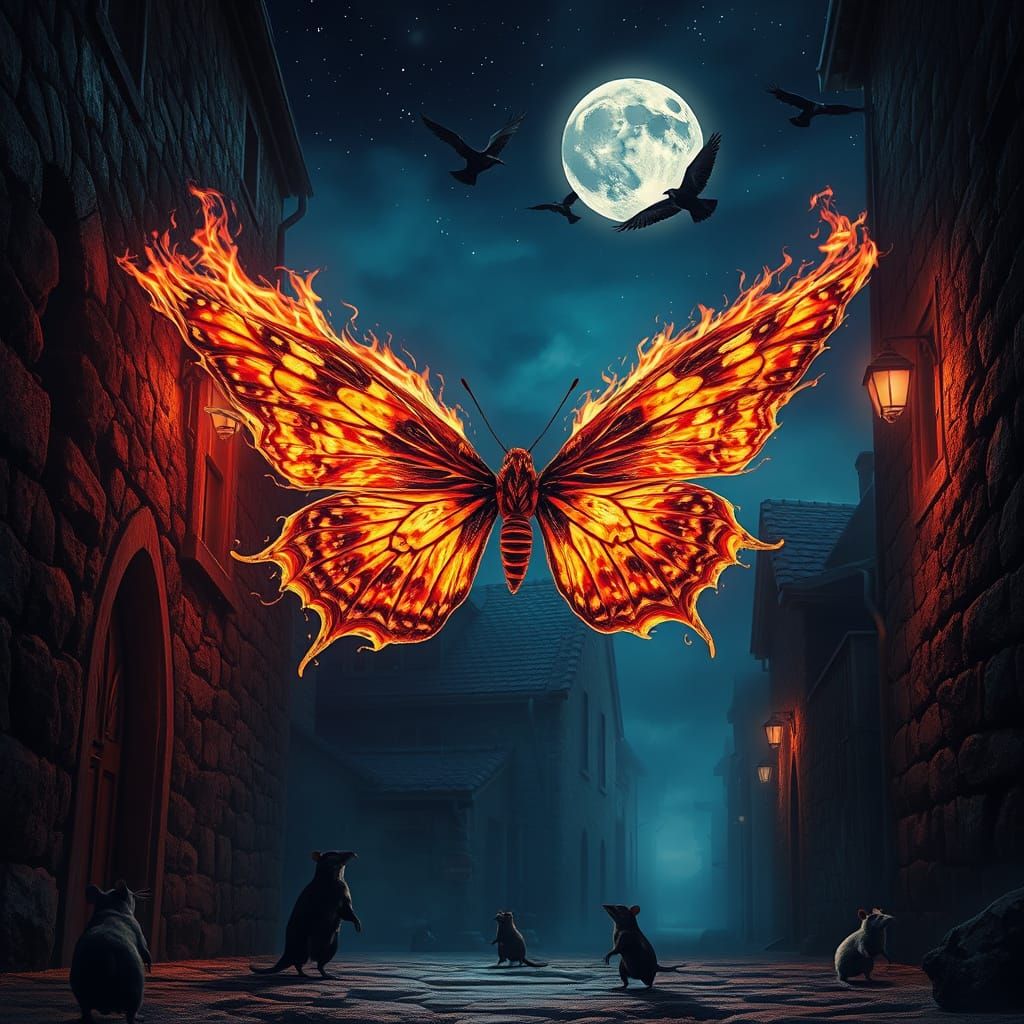 Fiery Butterfly Dances in Medieval Alley at Night