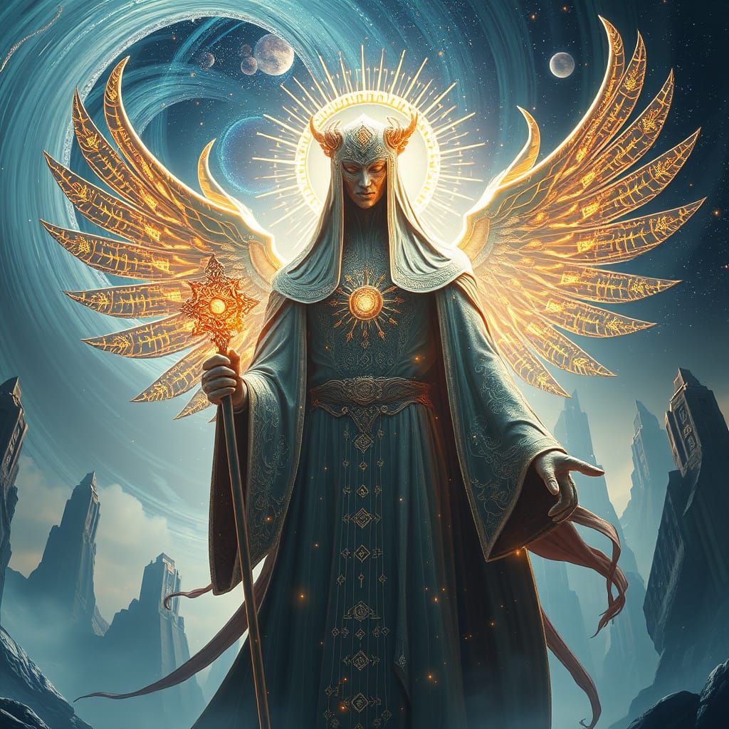 Ethereal Cyber God Unveiled in Cosmic Splendor