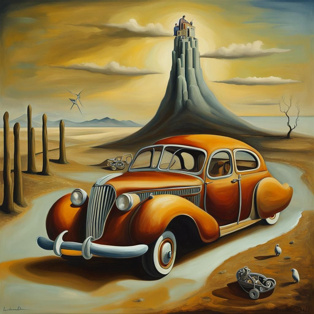 Surreal Car in Dreamscape, Dali-esque Painting