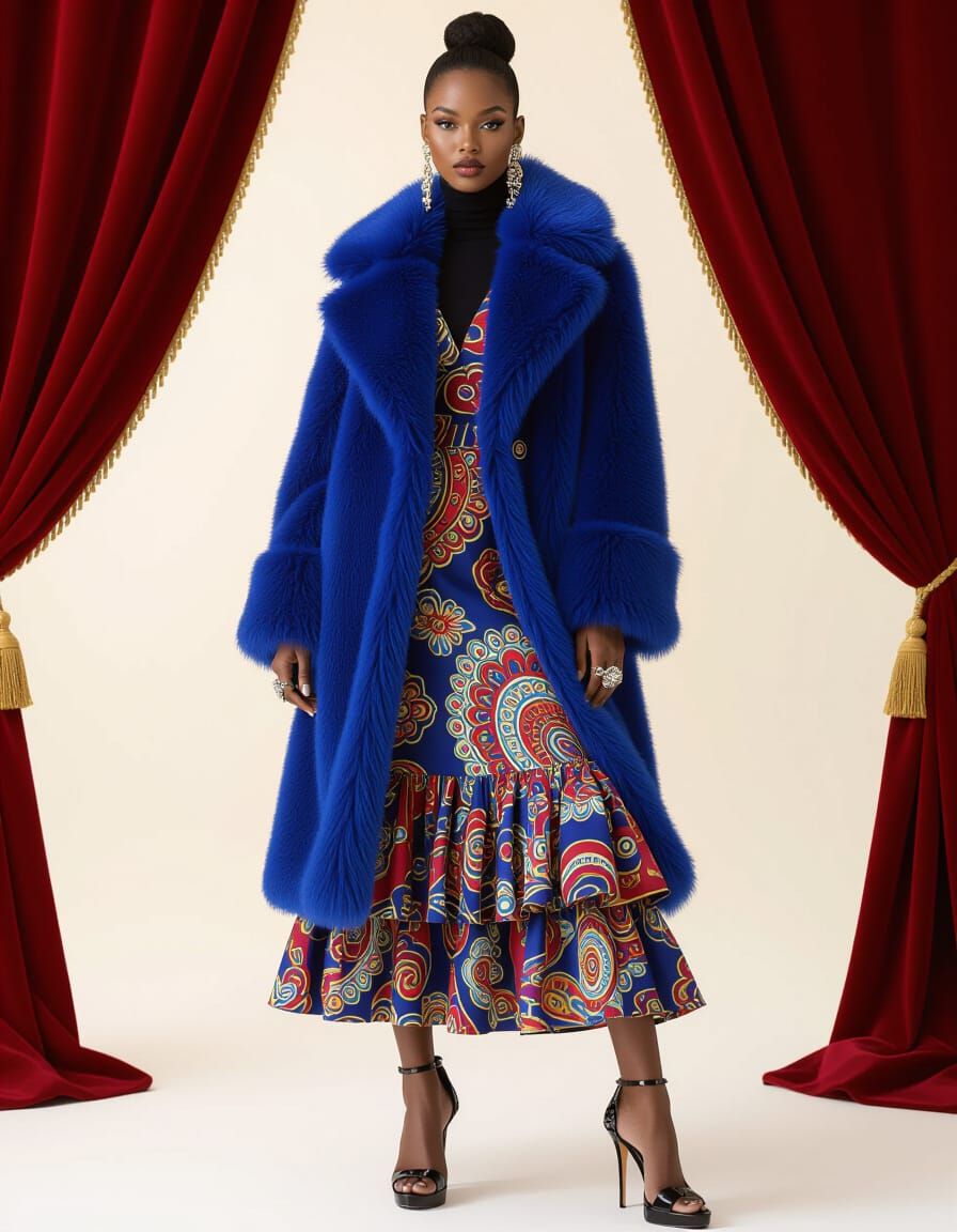 Black Model in Cobalt Faux-Fur Coat on Surreal Stage