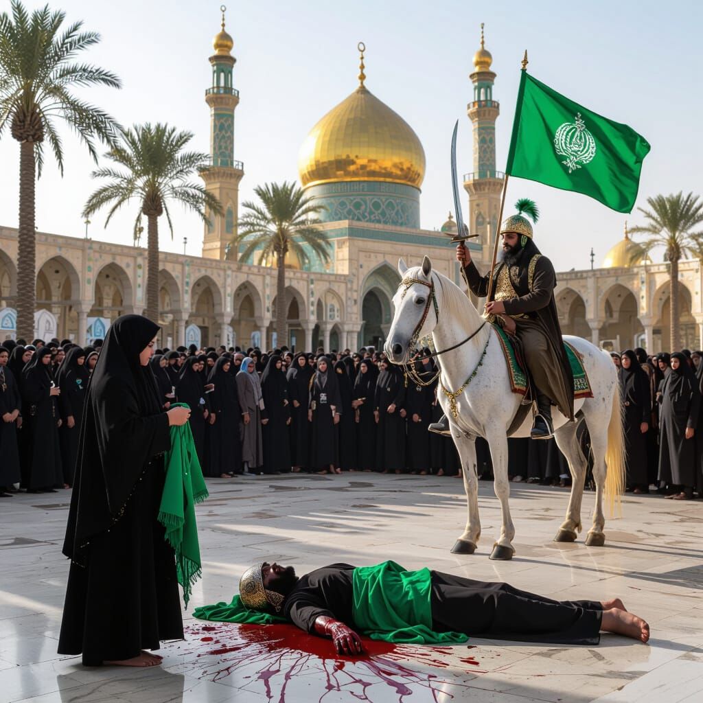 Mourners Gather at Karbala Shrine in Oil Painting Style
