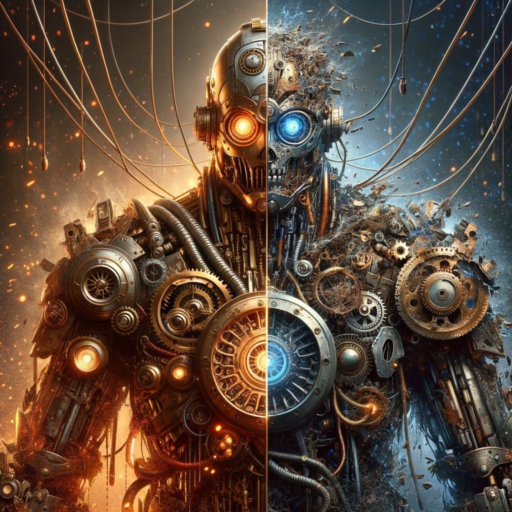Steampunk Mech Suit: Split Image in Cinematic Style