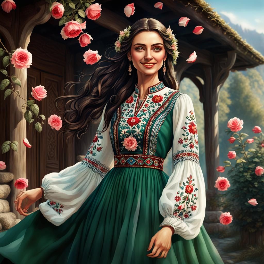 Levitating Bulgarian Woman in Traditional Dress