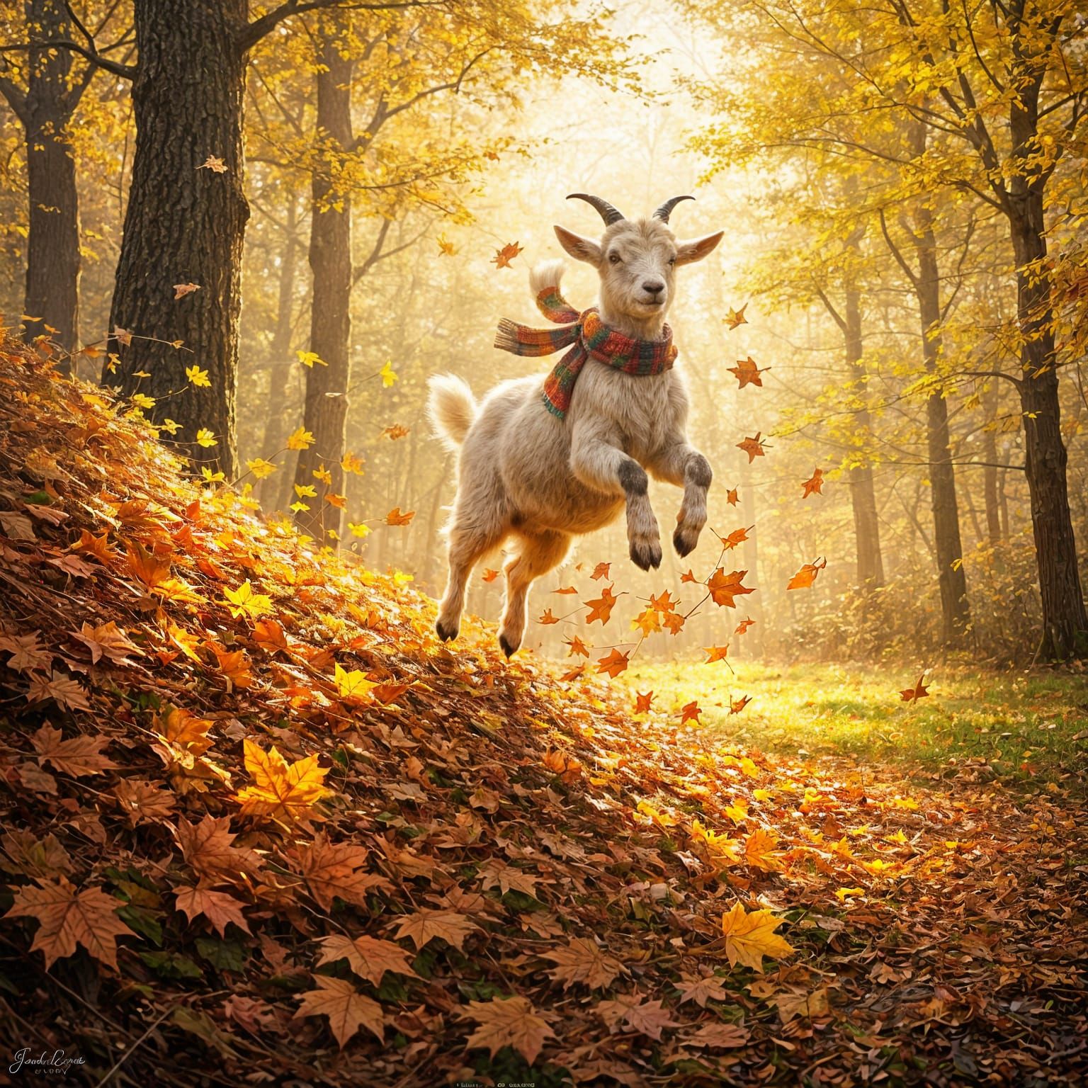 Fluffy Pygmy Goat Leaps Into Autumn Leaves
