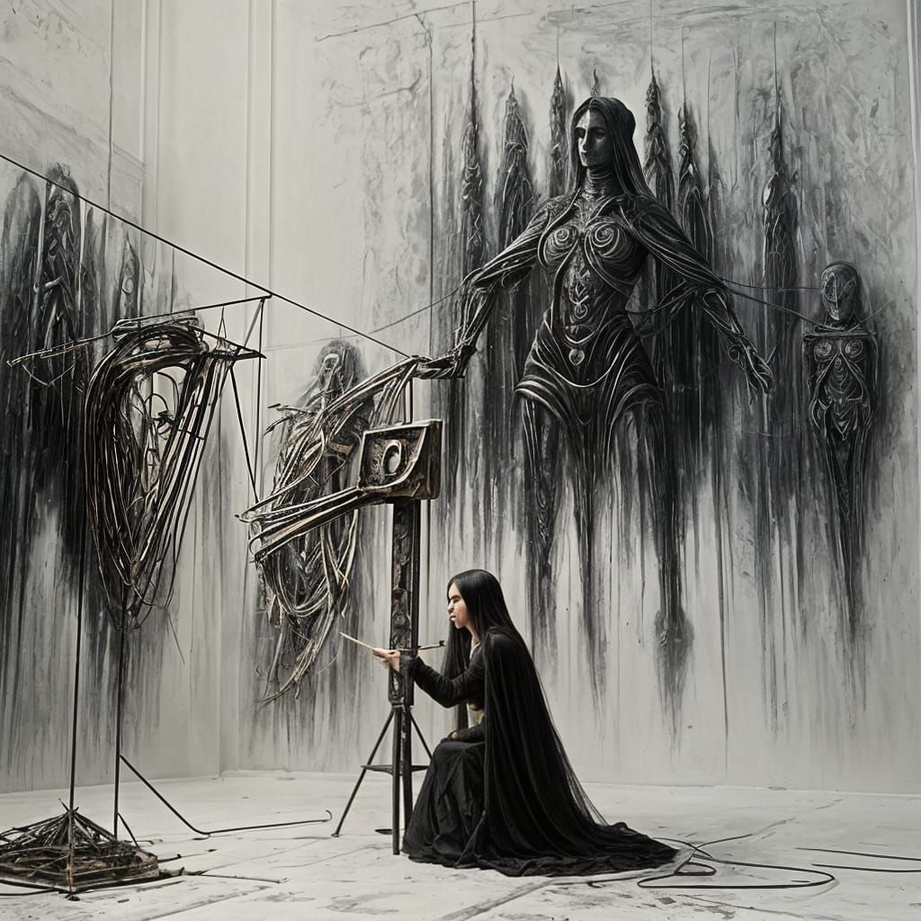 AI Woman Painter in Studio, Impasto Oil Painting Style