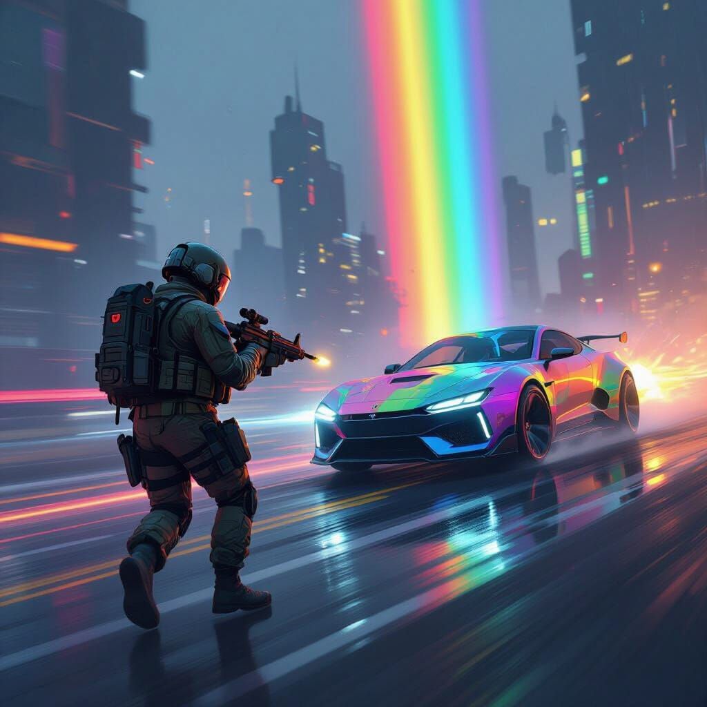 Call of Duty Soldier with Rainbow Car, Futuristic Art