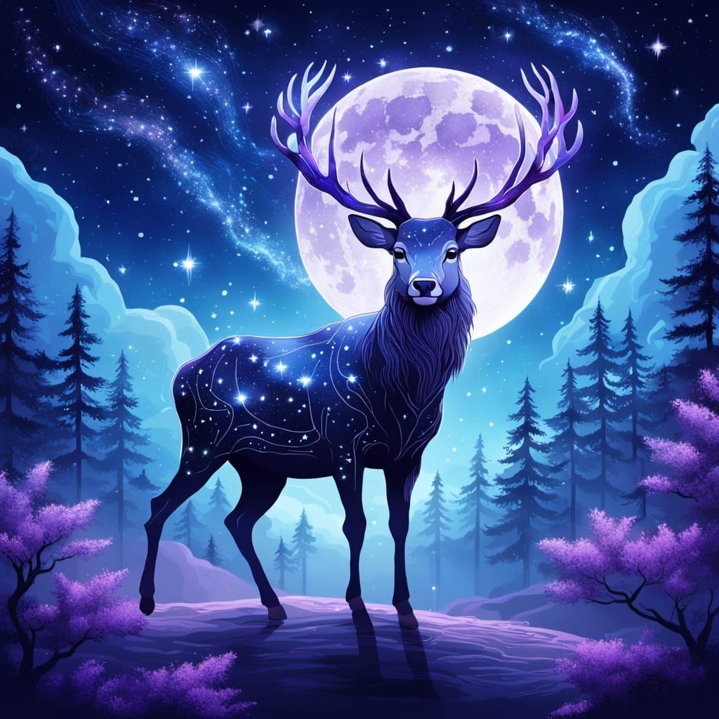 Celestial Deer Walking Across Starry Night Sky