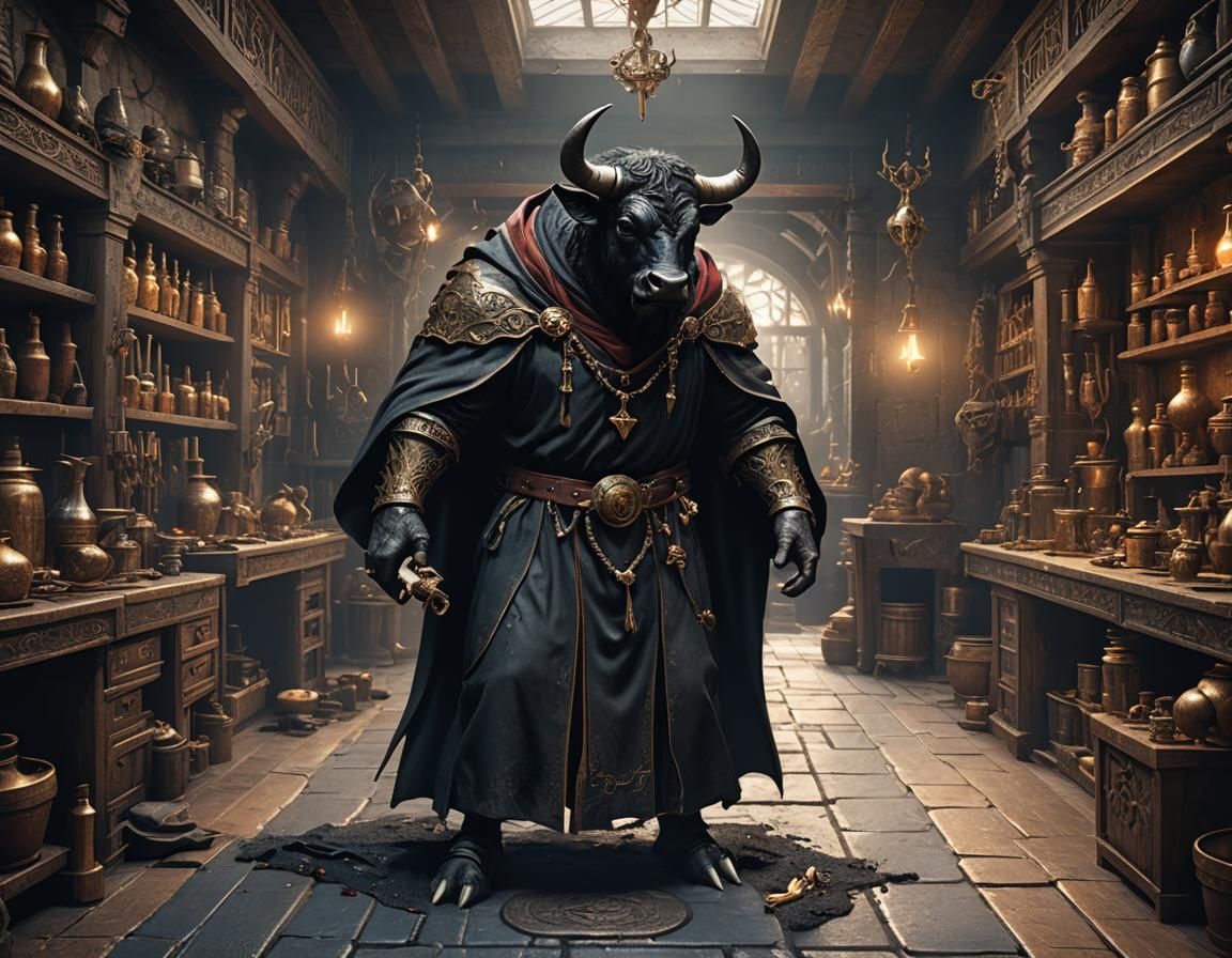 Humanoid Bull Alchemist in Detailed Matte Painting