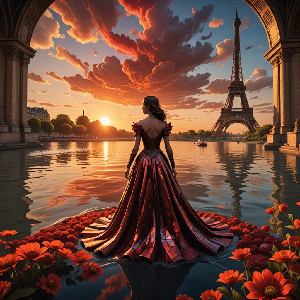Woman in Stained Glass Dress at Sunset