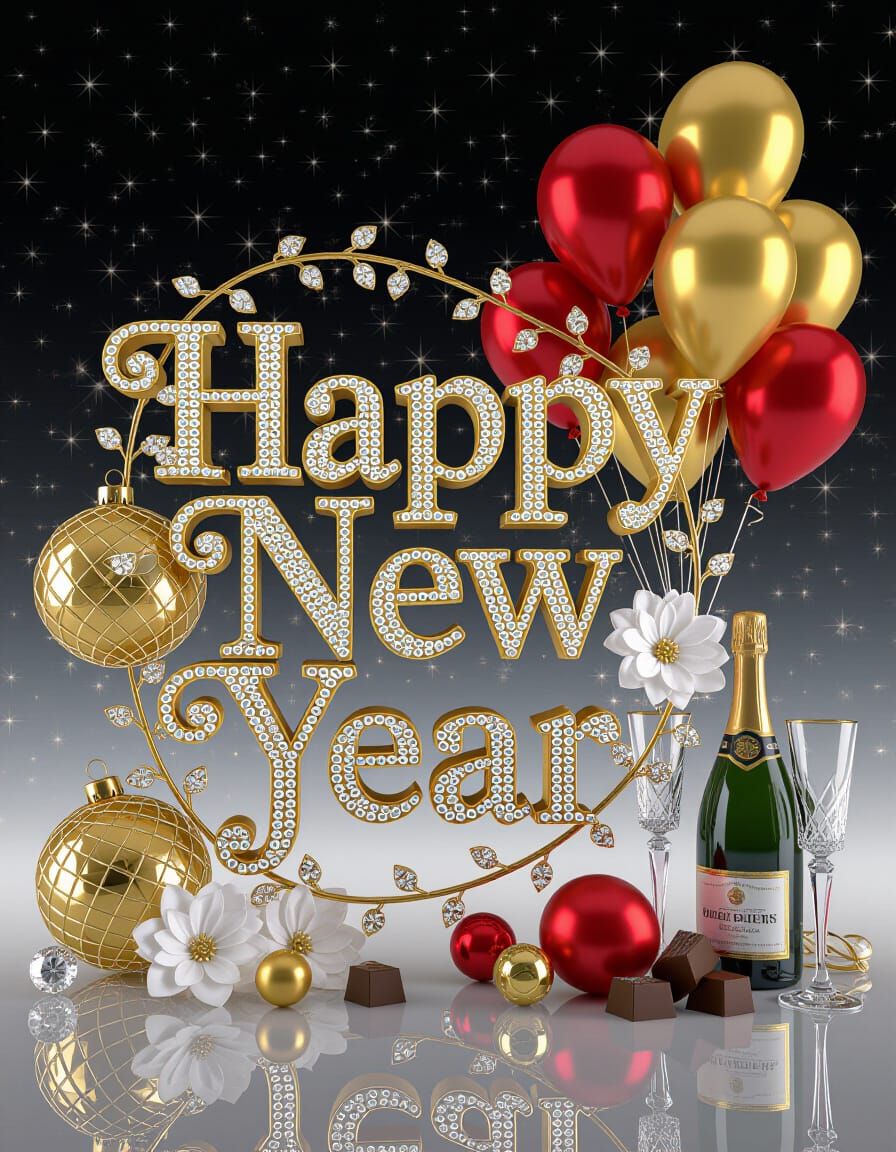 3D Happy New Year Scene with Gold Diamond Text