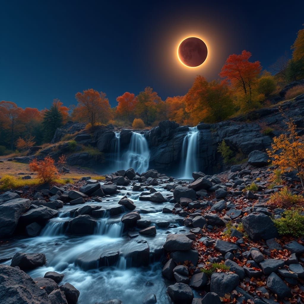 Autumn Waterfall Under Solar Eclipse