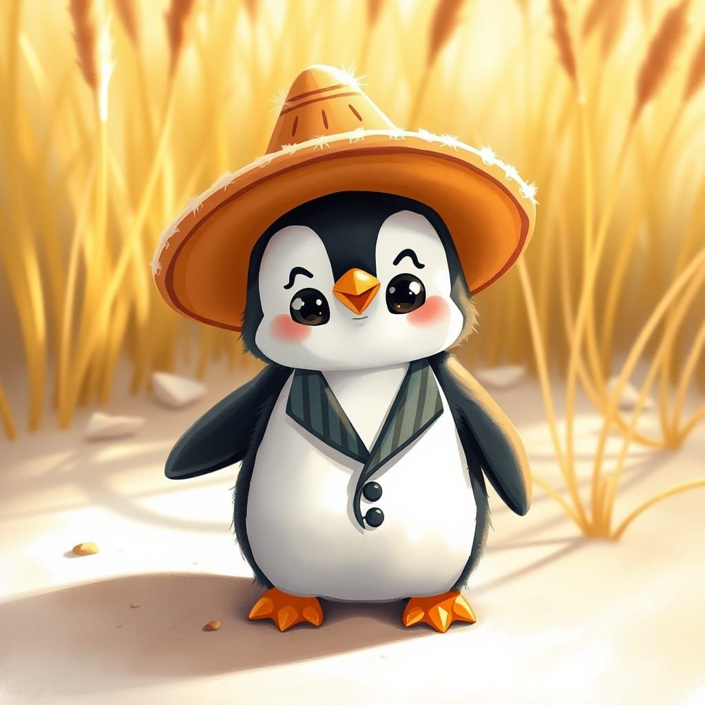 Cartoon Penguin in Sombrero on Sunny Beach