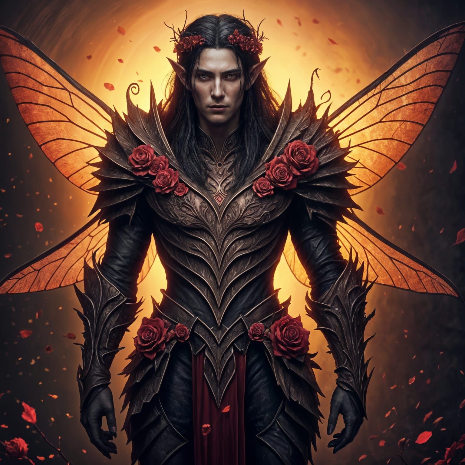 Fey Warrior with Rose-Steel Armor and Dragonfly Wings